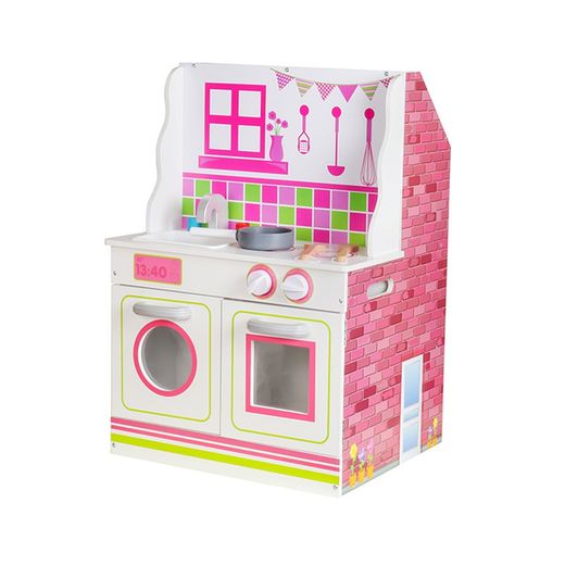 Dollhouse and wooden kitchen in white and pink, 47.5 x 40 x 67.5 cm | Wake
