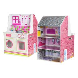 Dollhouse and wooden kitchen in white and pink, 47.5 x 40 x 67.5 cm | Wake
