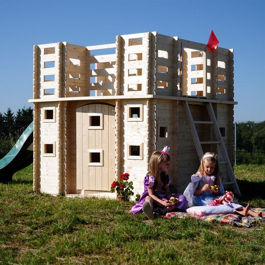 Casita infantil con forma de castillo hecha de madera en color natural, 423x194x19 cm | Lucca