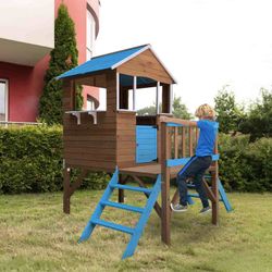 Pinewood children's playhouse in brown and blue, 239.5 x 156 x 198 cm | Melody Blue