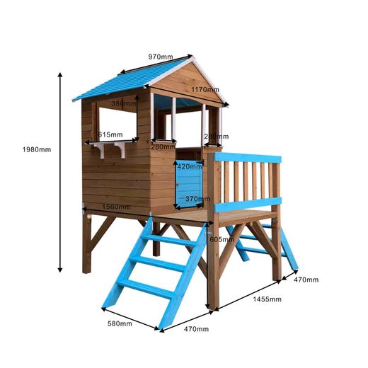 Pinewood children's playhouse in brown and blue, 239.5 x 156 x 198 cm | Melody Blue
