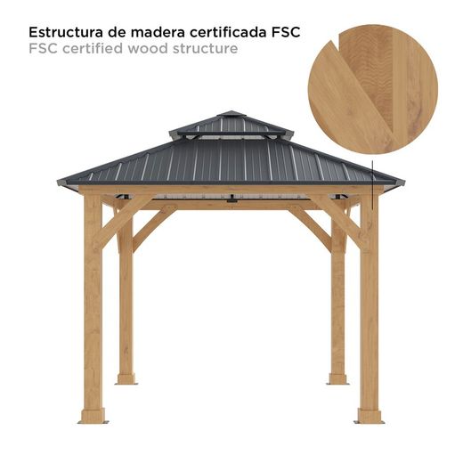 Tuinpaviljoen van hout en staal in naturel en grijs, 297 x 297 x 300 cm | Deventer