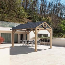 Gazebo in legno e acciaio in colore naturale e grigio, 300 x 401 x 282 cm | Fenice