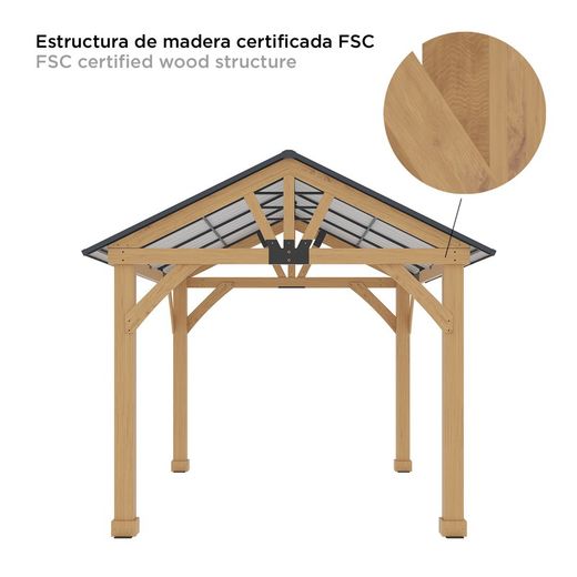 Gazebo in legno e acciaio in colore naturale e grigio, 300 x 401 x 282 cm | Fenice