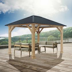 Gazebo in legno e acciaio in colore naturale e grigio, 362 x 297 x 283 cm | Tucson
