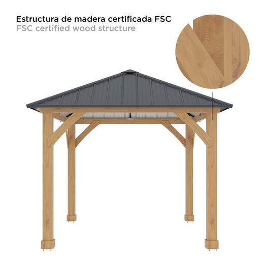 Gazebo in legno e acciaio in colore naturale e grigio, 362 x 297 x 283 cm | Tucson