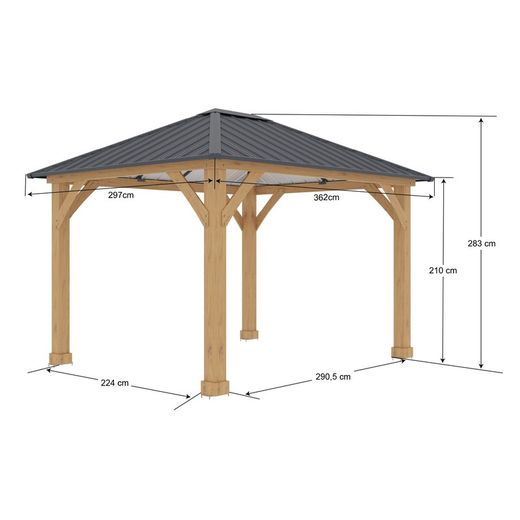 Gazebo in legno e acciaio in colore naturale e grigio, 362 x 297 x 283 cm | Tucson