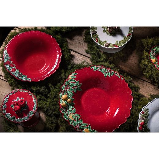 Element centralny z ceramiki w kolorze czerwonym i wielokolorowym, Ø 41,7 x 8 cm | Wieniec bożonarodzeniowy