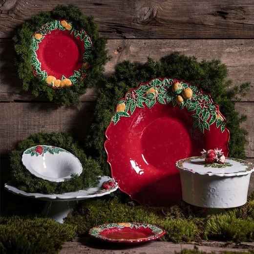 Element centralny z ceramiki w kolorze czerwonym i wielokolorowym, Ø 41,7 x 8 cm | Wieniec bożonarodzeniowy