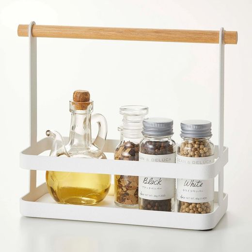Steel and Wood Condiment Basket in White and Natural, 24 x 10 x 20 cm | Tosca