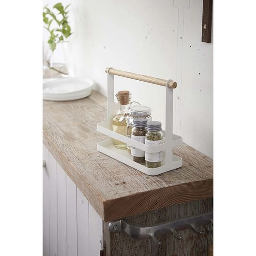 Steel and Wood Condiment Basket in White and Natural, 24 x 10 x 20 cm | Tosca