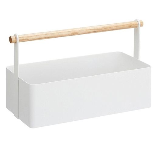 Cesta L de acero y madera en blanco y natural, 29 x 13 x 16 cm | Tosca