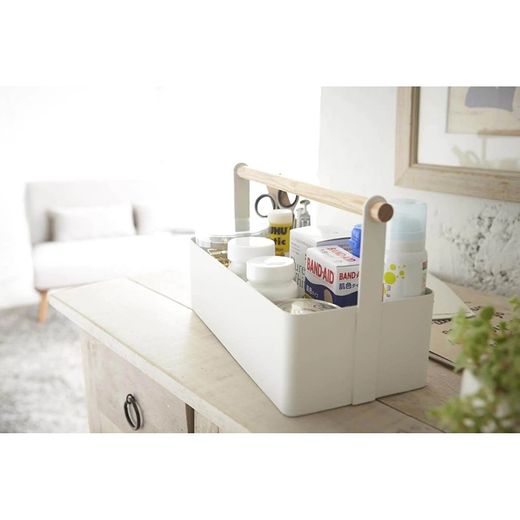 Stål og træ L kurv i hvid og natur, 29 x 13 x 16 cm | Tosca