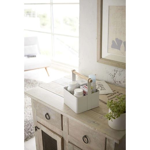 Steel and wood S basket in white and natural, 16 x 13 x 16 cm | Tosca