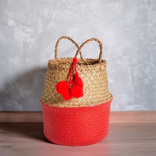 Rode rotan mand, Ø31x37cm