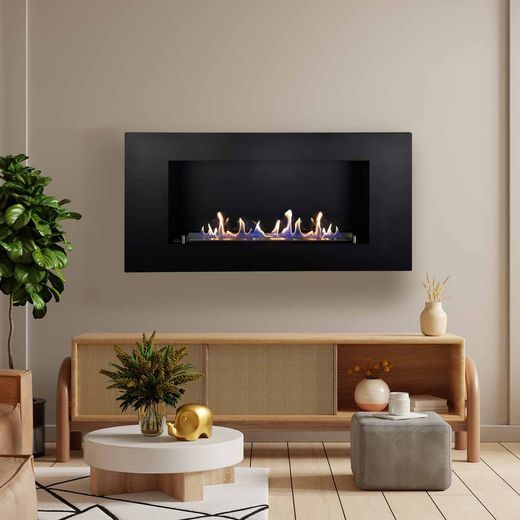 Lareira a bioetanol em aço e vidro preto, 100 x 19 x 50 cm | Tambor