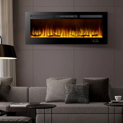 Black glass and steel electric fireplace, 152.4 x 14 x 48 cm | Arkansas