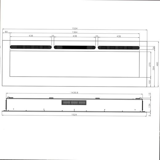 Black glass and steel electric fireplace, 152.4 x 14 x 48 cm | Arkansas