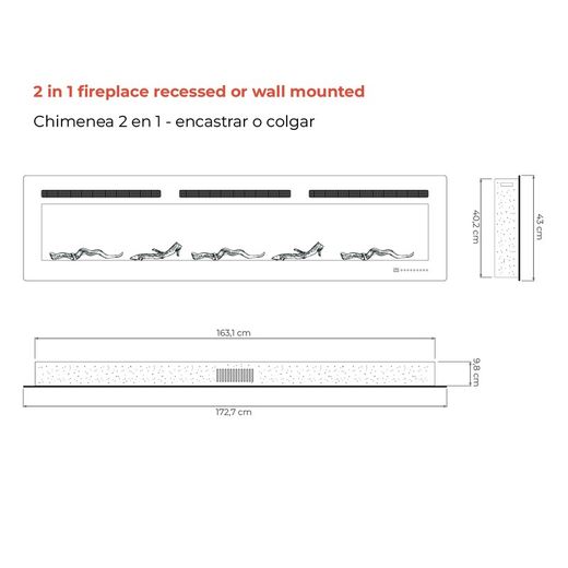 Decorative electric fireplace made of steel and tempered glass in black, 173 x 10 x 46 cm | Maine