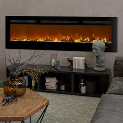 Decorative electric fireplace made of steel and tempered glass in black, 173 x 10 x 46 cm | Maine