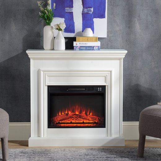 Electric fireplace and frame in steel and black/white glass, 58.4 x 12.8 x 43.5 cm | Gavonne