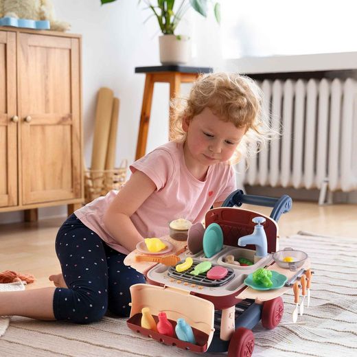 Cuisine pour enfants 2 en 1 en polyéthylène beige et bordeaux, 39x23x27 cm | chariot de cuisine