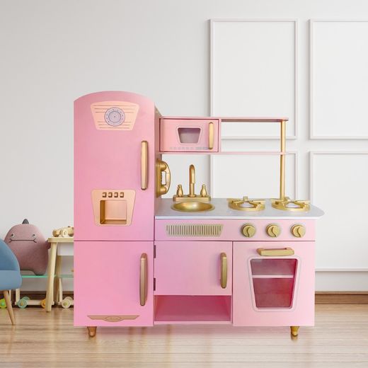 Cuisine pour enfants en bois rose et or, 85 x 33 x 89 cm | lire
