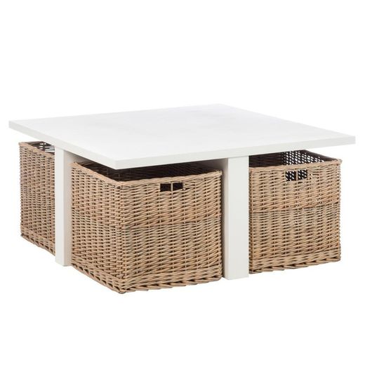 Mesa de centro quadrada + 4 cestas madeira branca