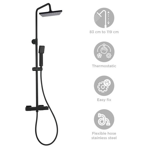 Colonna doccia in acciaio inox di colore nero, 2,4 x 35,5 x 83/119 cm | Mare rilassante