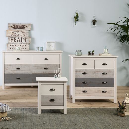 Conjunto de Dormitorio, cabecero, 2 mesitas de 2 cajones y cómoda | Colección Romántica