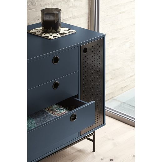 Dark blue and black wooden and metal chest of drawers, 97 x 45 x 80 cm | Knitwear