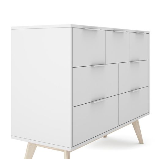 Pine chest of drawers in white and natural color, 120 x 40 x 83 cm | Campus