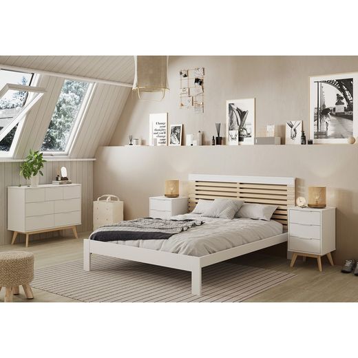 Pine chest of drawers in white and natural color, 120 x 40 x 83 cm | Campus