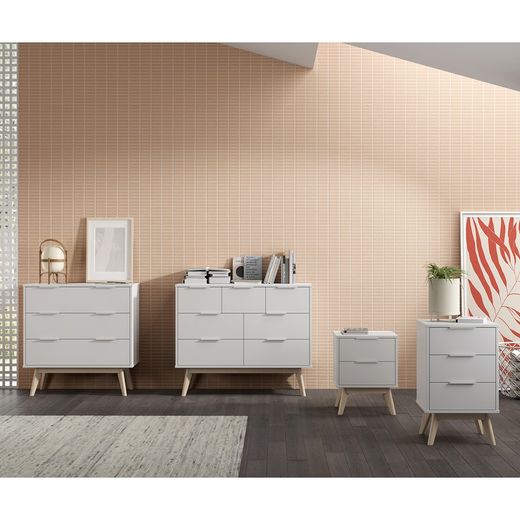 Pine chest of drawers in white and natural color, 120 x 40 x 83 cm | Campus