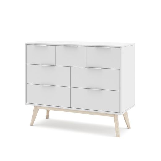 Pine chest of drawers in white and natural color, 120 x 40 x 83 cm | Campus