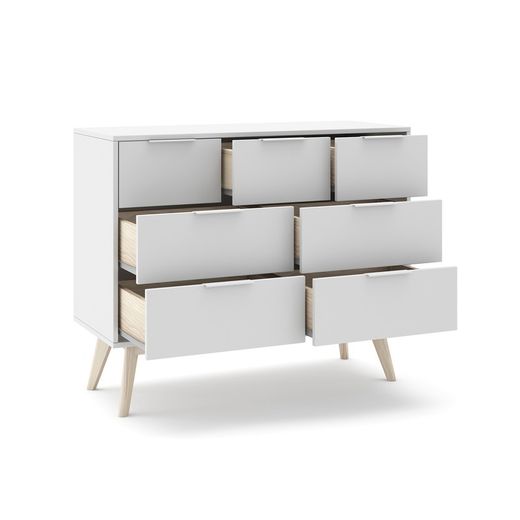 Pine chest of drawers in white and natural color, 120 x 40 x 83 cm | Campus