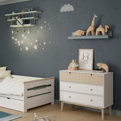 Pine chest of drawers in white and natural, 100 x 40 x 81 cm | Stephanie