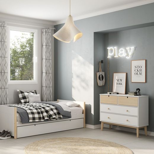 Pine chest of drawers in white and natural, 100 x 40 x 81 cm | Stephanie