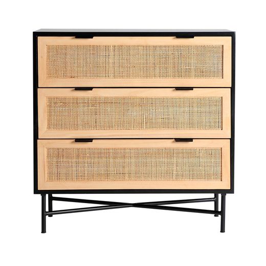Kommode aus Kiefernholz und Rattan in Schwarz und Natur, 80 x 35 x 81 cm | Beilen