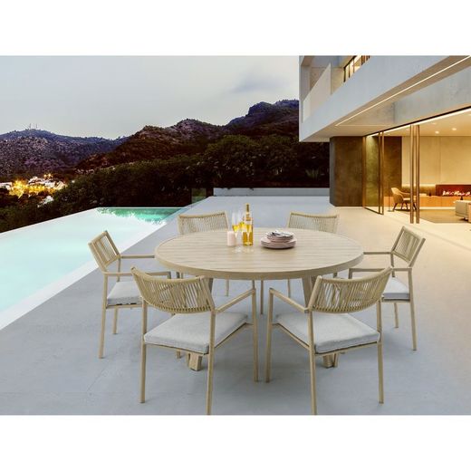 Garten-Essgruppe mit rundem Tisch aus naturfarbenem Aluminium | Harmonie
