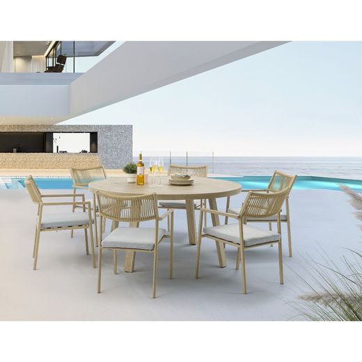 Garden dining set with round table in natural color aluminum | harmony