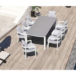 Garten-Essgruppe aus Aluminium, Glas und Stoff in Weiß und Grau | Babylon + Attika