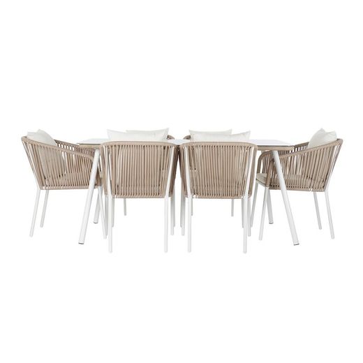 Aluminum and rope garden dining set in white and natural, 163 x 95 x 75 cm | Sea Side