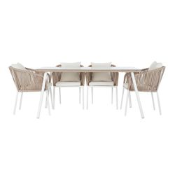 Aluminum and rope garden dining set in white and natural, 163 x 95 x 75 cm | Sea Side