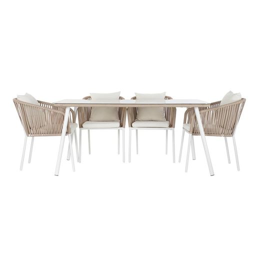 Aluminum and rope garden dining set in white and natural, 163 x 95 x 75 cm | Sea Side