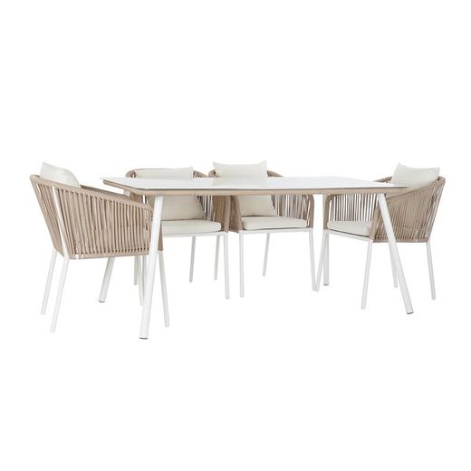 Aluminum and rope garden dining set in white and natural, 163 x 95 x 75 cm | Sea Side