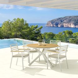 Garden dining set in white aluminum and teak | Sidney + Broome