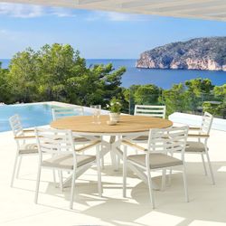 Garden dining set in white aluminum and teak | Sidney Ø 150 cm + Broome