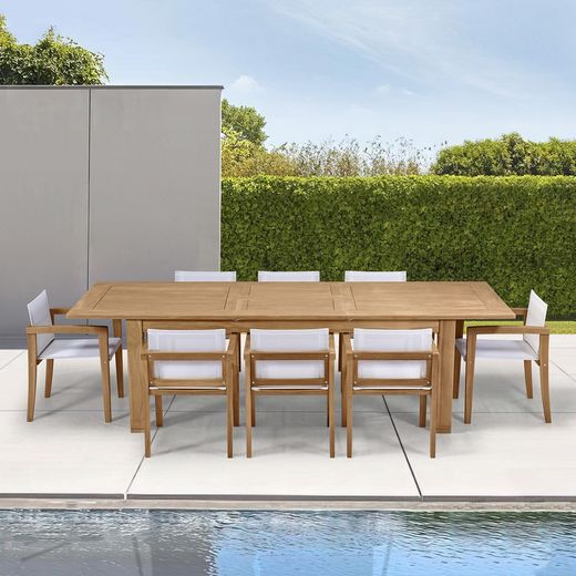 Garden dining set in natural teak and white Batyline | Candon