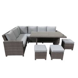 Conjunto de sofás de jardín con 3 Taburetes, Mesa de Acero y Ratán Gris